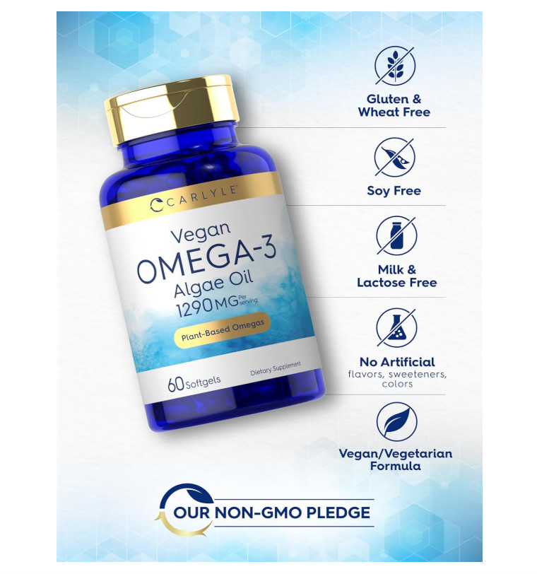Vegan Omega 3 Supplement 1290mg 60 Softgels Plant Based Algae Oil Non GMO Gluten