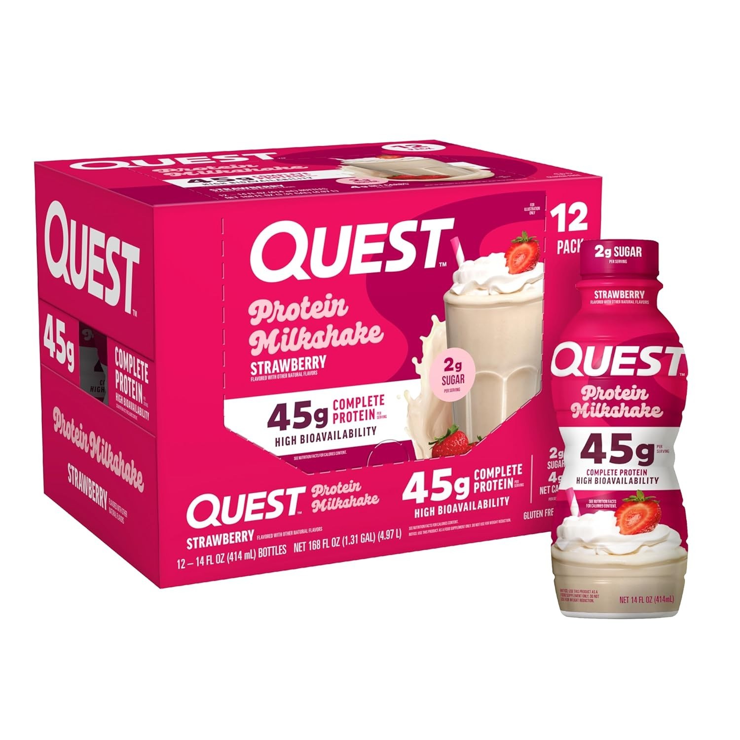 Quest Nutrition Strawberry Protein Shake, 45g Protein, 2g Sugar, 4g Net 12 Count