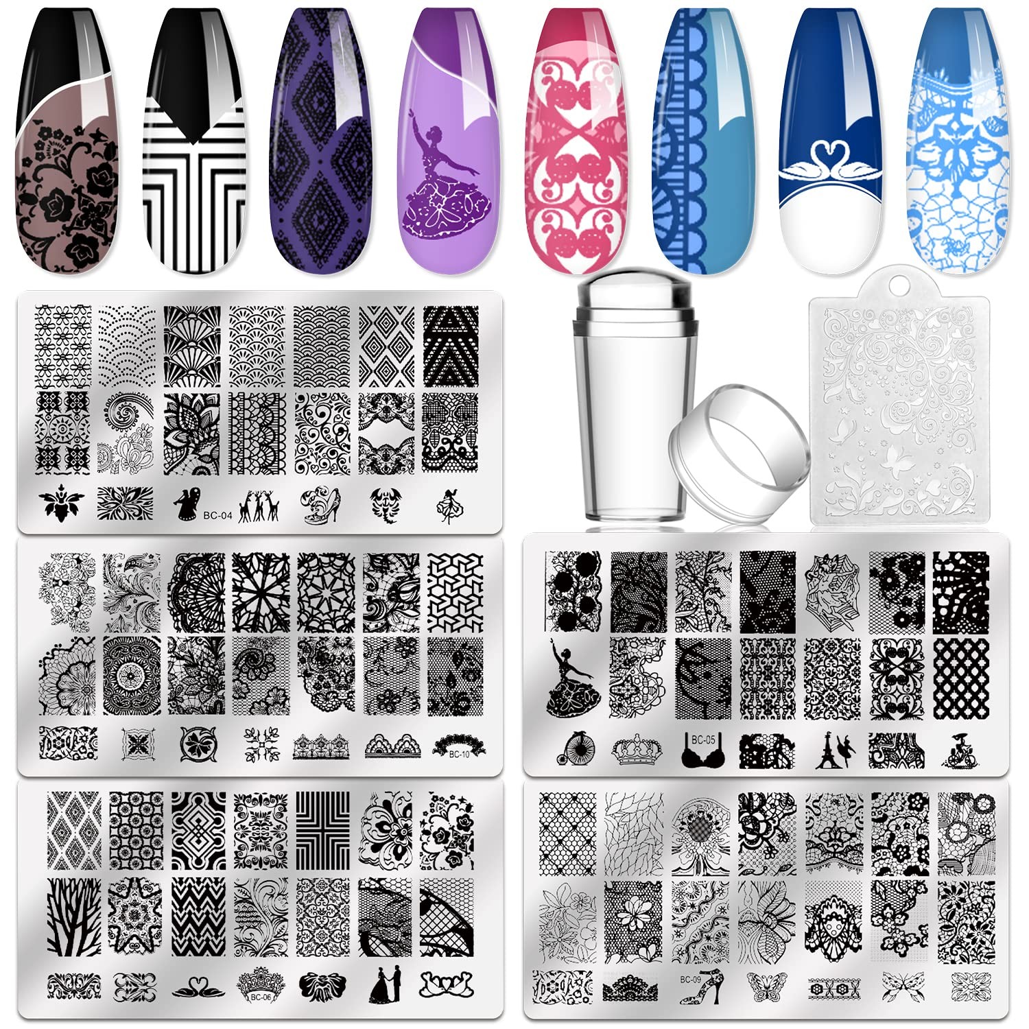 5pcs Nail Stamping Plates 1 Stamper 1 Scraper Lace Flower Animal Pattern