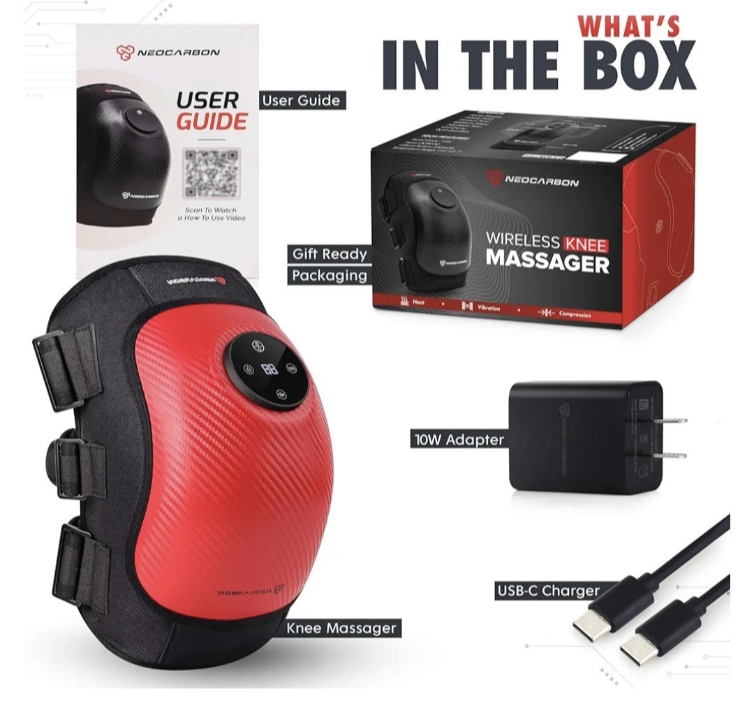 Neocarbon Wireless Knee Massager, Heated Therapy and Vibration Massage, Red NEW