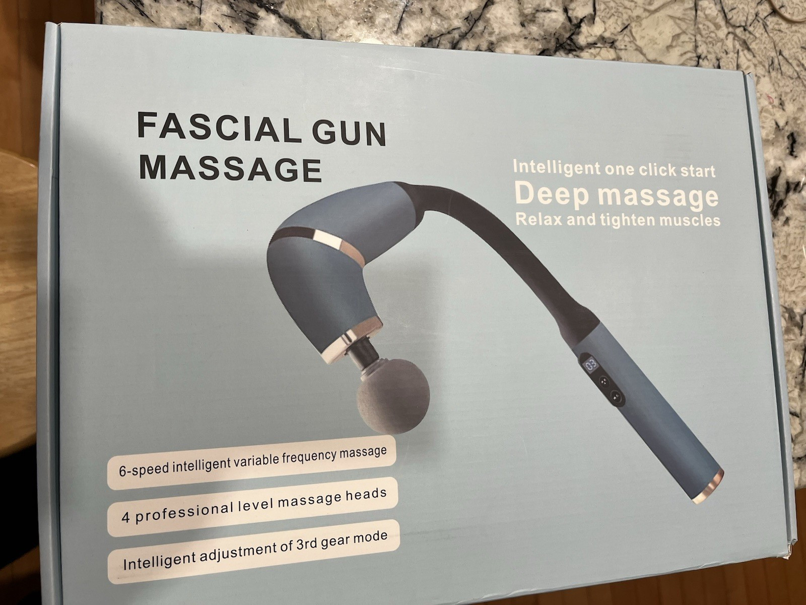 Rechargeable Percussion Massage Gun w/ 4 Heads, USB Charging, Blue/Black