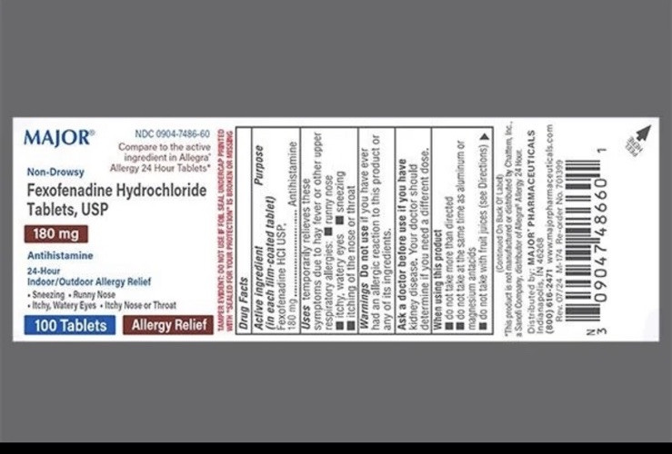 Major Fexofenadine 180 mg Tablets Allergy Relief 100 Count -Exp Date 1-2027