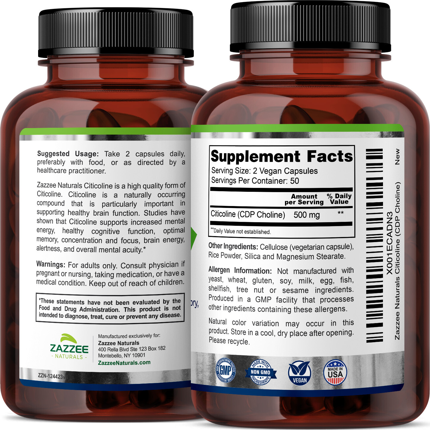 Extra Strength Citicoline CDP Choline 500 mg per Serving, 100 Vegan Capsules