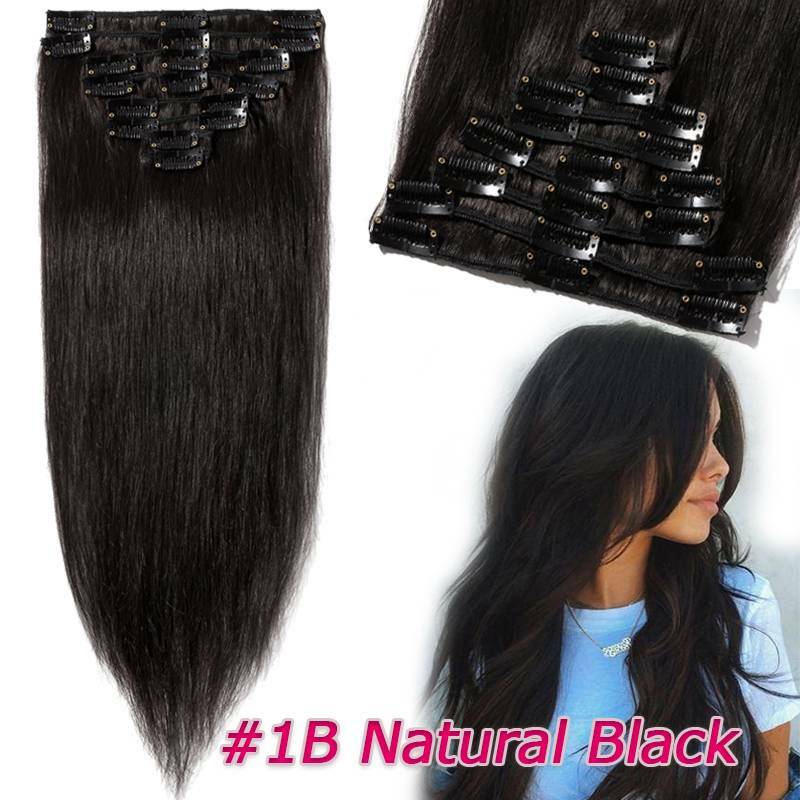 Invisible Clip In Real 100% Remy Human Hair Extensions Full Head 8Pieces 18Clips
