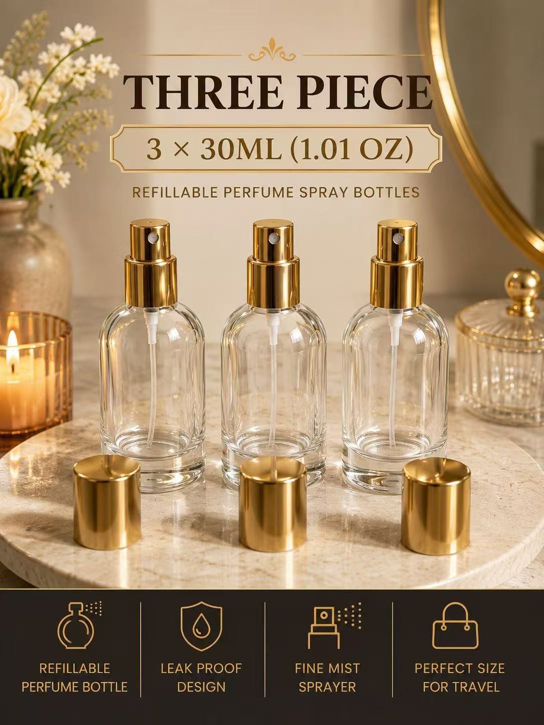 3 Pack 30ml 1.01 oz Refillable Perfume Spray Bottles Empty Glass Atomizer Gold