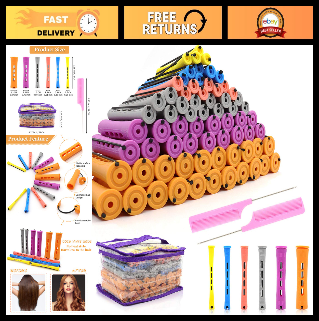 120Pcs Hair Perm Rods Set – 6 Sizes Plastic Cold Wave Curlers & Pintail Comb