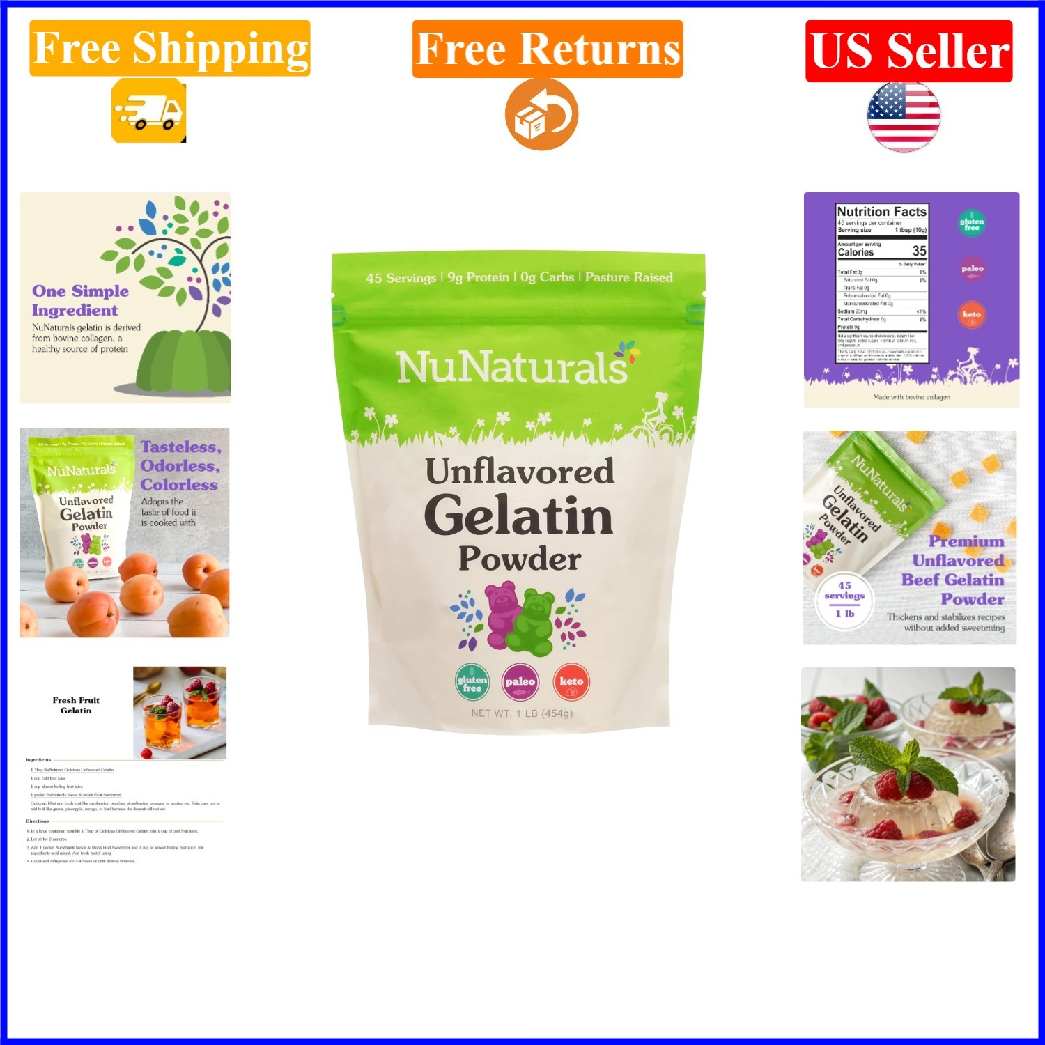 Unflavored Beef Gelatin Powder, 16 oz, Keto & Paleo, Gluten-Free