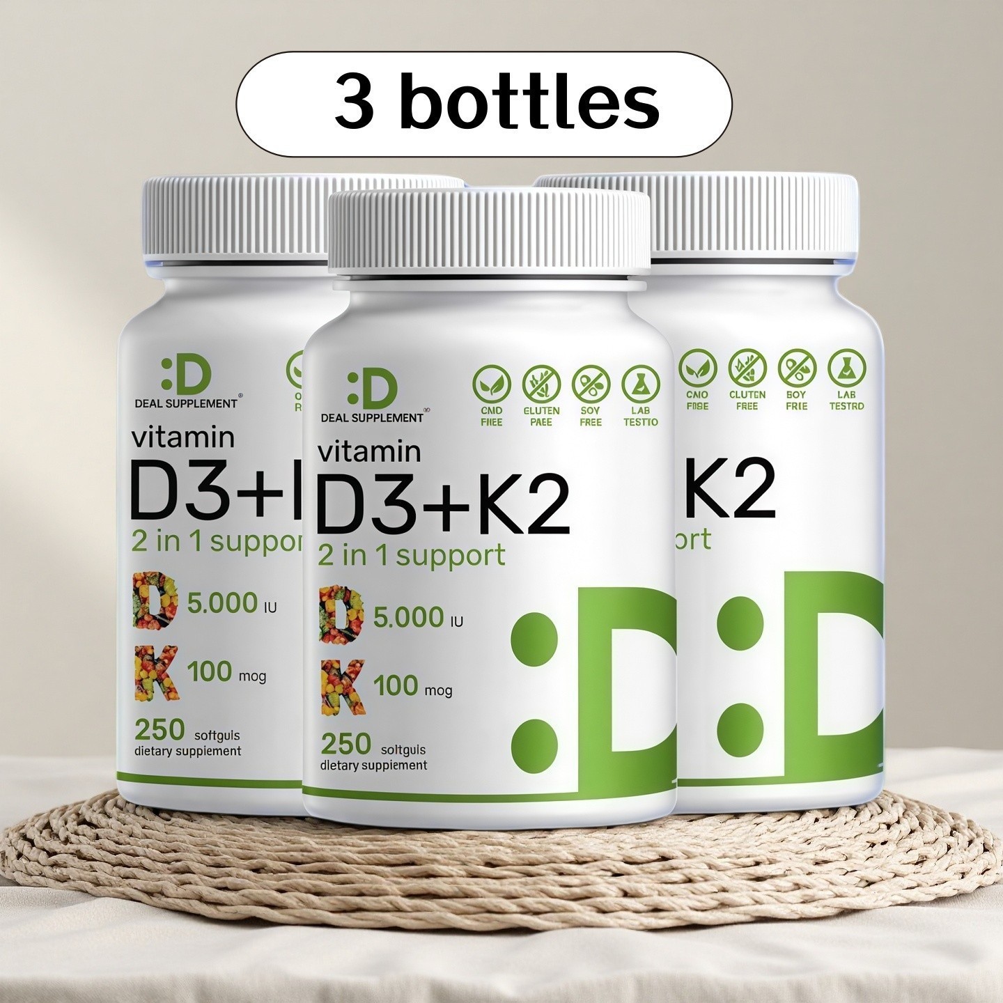 3 BOTTLES DEAL SUPPLEMENT Vitamin D K2 5000IU Soft Gel, 2-1 Complex, 250 Count