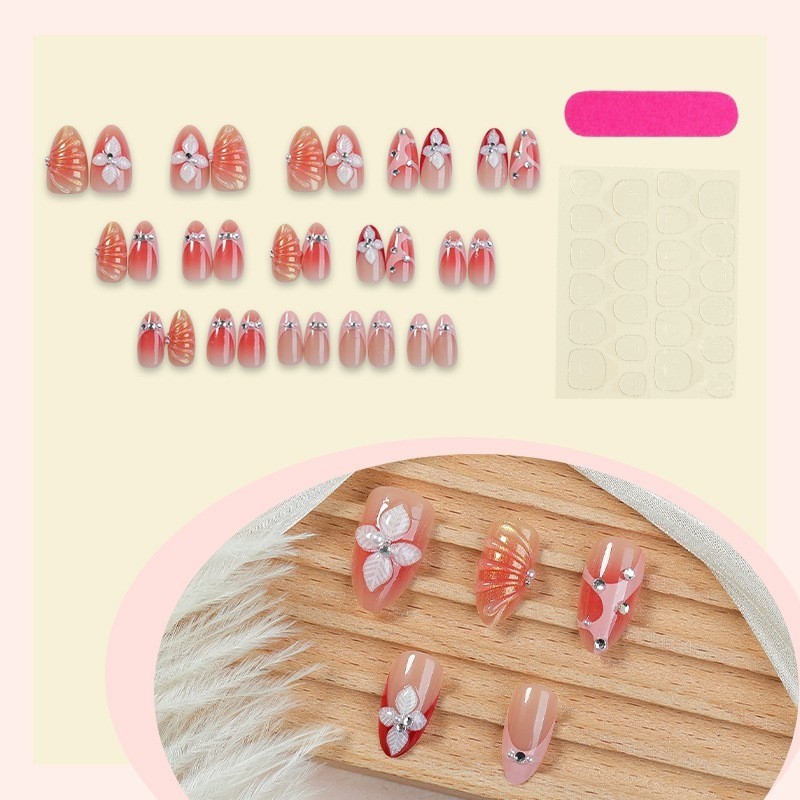 30Pcs-Peach Red Ombre 3D Shell Flower Almond Press on Nails Pearl Rhinestone Tip