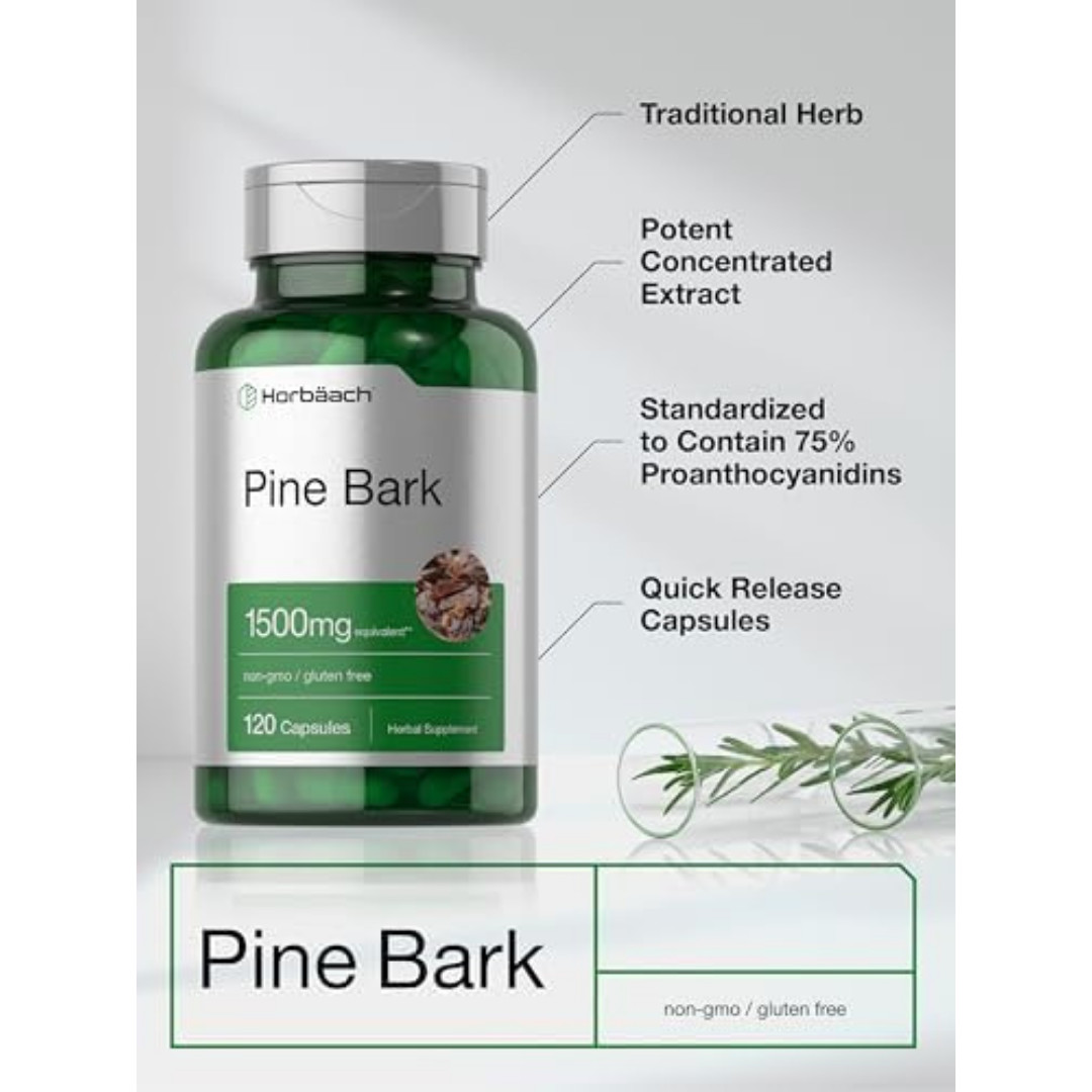 Horbäach Pine Bark Extract Capsules 1500Mg, 120 Count, Non-Gmo and Gluten Free