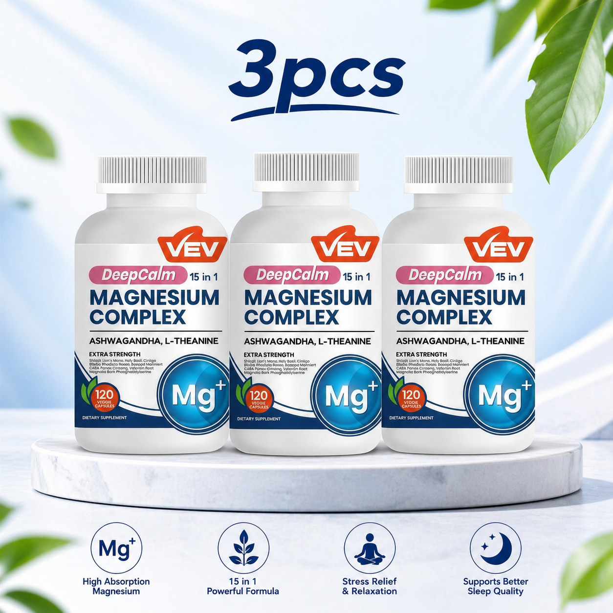 VEV DeepCalm 15 in 1 Magnesium Glycinate & Citrate Complex Capsules.