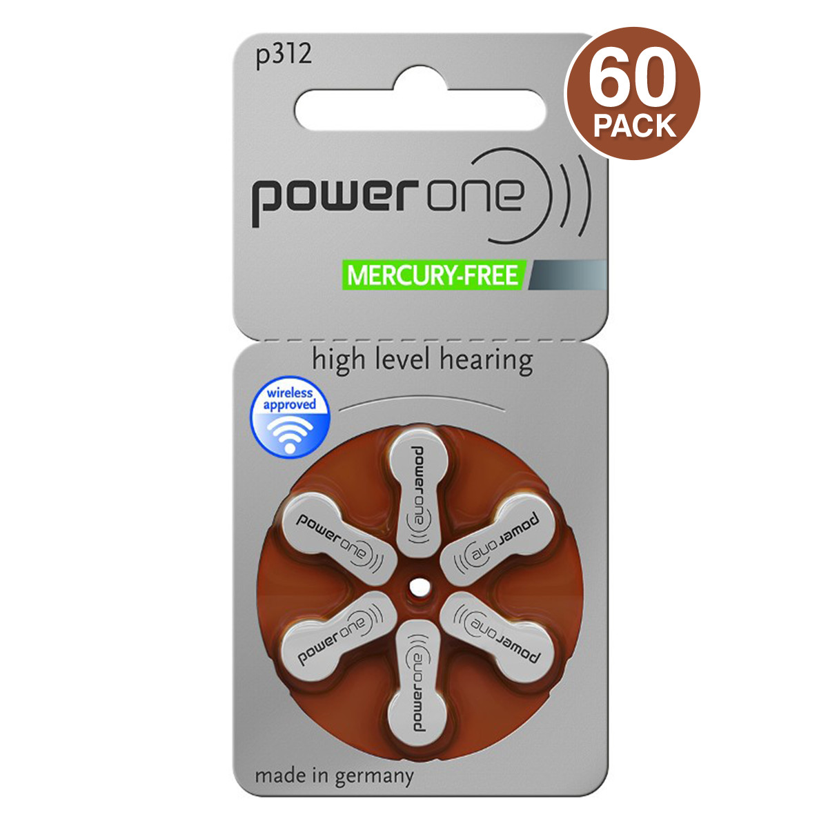 60 PowerOne Hearing Aid Zinc air wireless approved MERCURY-FREE PR41, p312 312