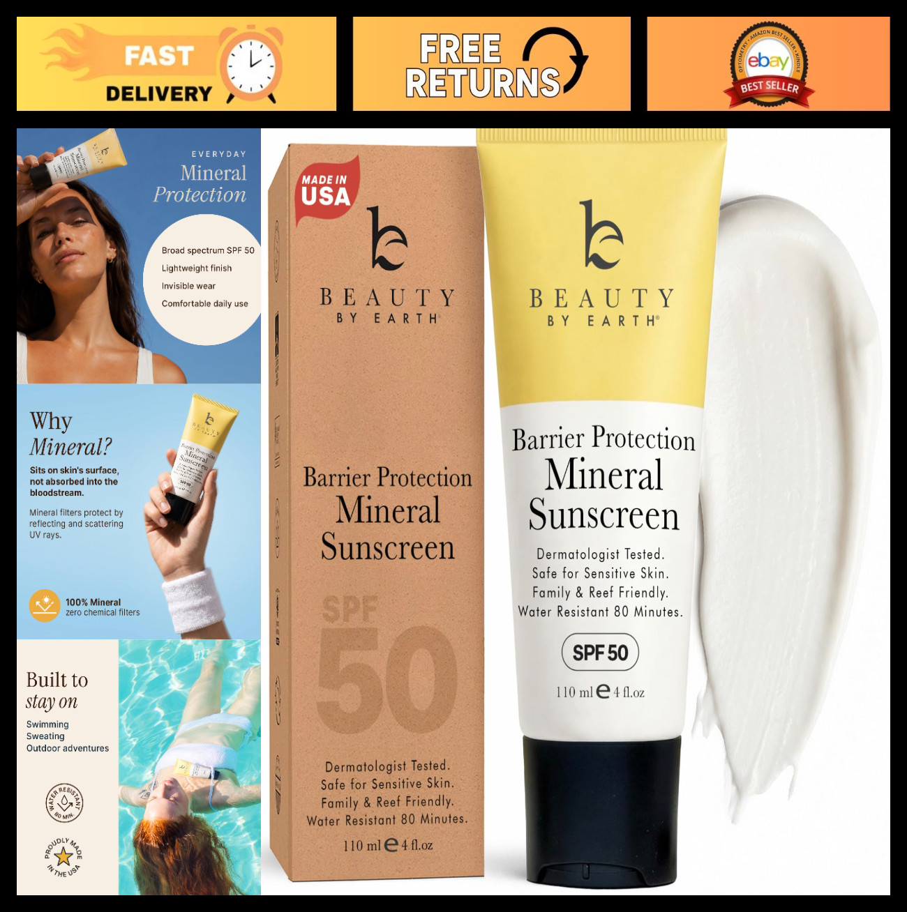 100% Mineral Zinc Oxide Sunscreen SPF 50 – Broad Spectrum UVA/UVB, Reef Safe, Or