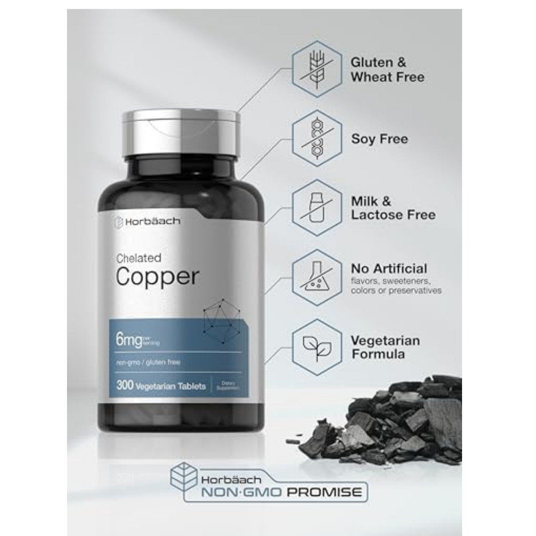 Chelated Copper | 6 mg | 300 Tablets | Vegetarian, Non-GMO | by Horbaach