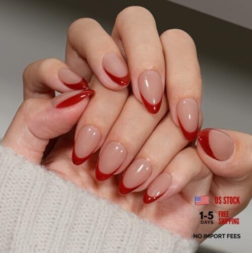 Red French Tip Press On Nails Short Almond, 30 Pcs Press On Nails almond red