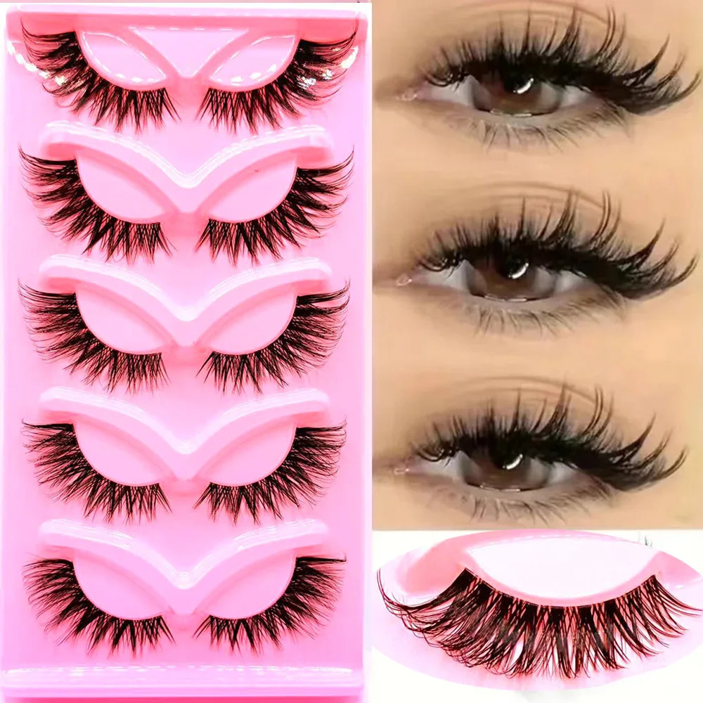 5 Pairs Faux Mink Cat Eye False Eyelashes Wispy Fluffy Lashes 10-15mm Natural