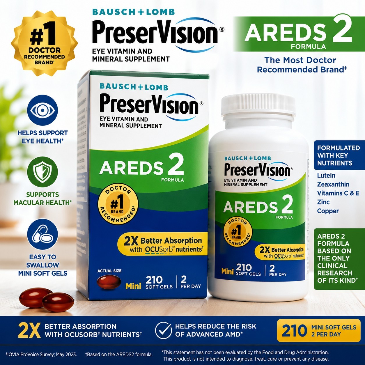 Bausch + Lomb PreserVision AREDS 2 Mini Soft Gels 210 Ct Eye Vitamin Exp 10/27