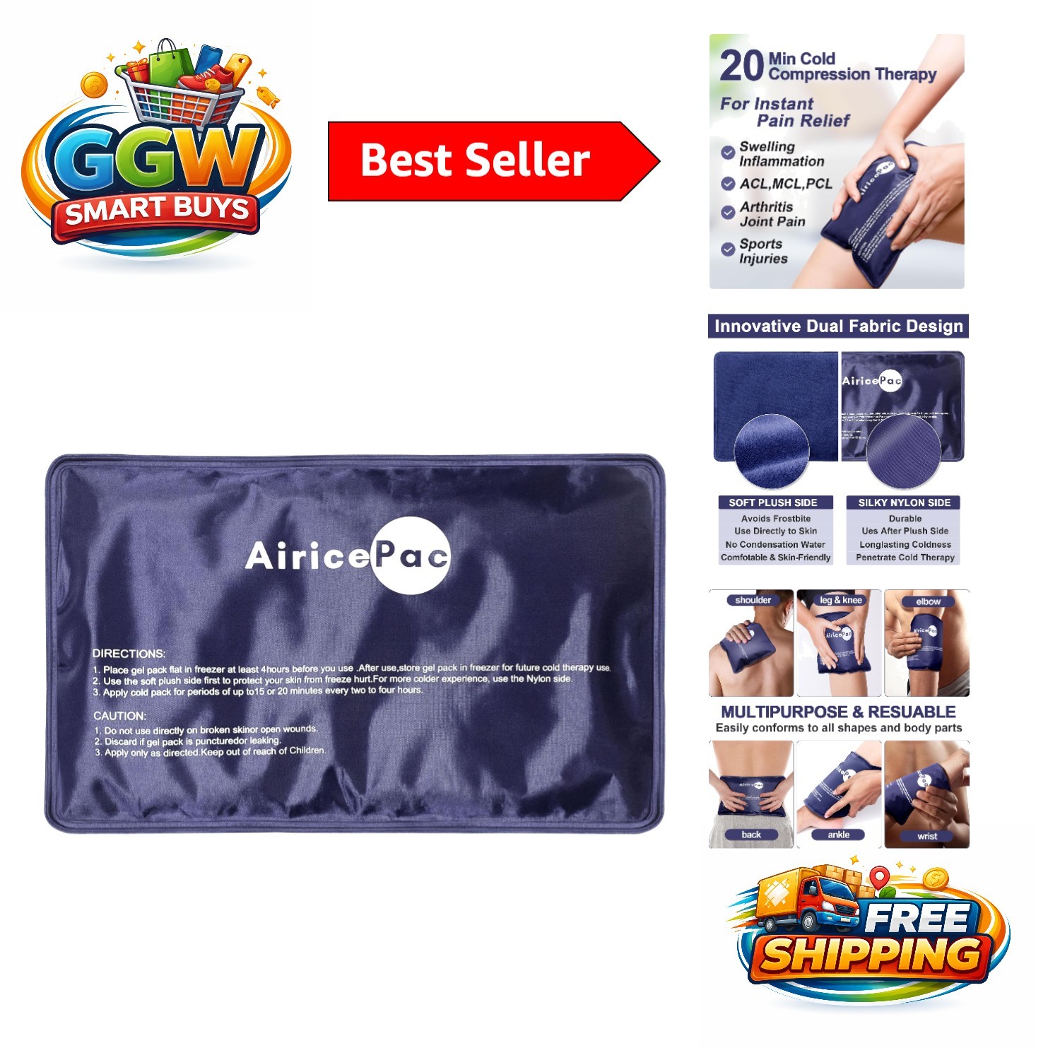 Durable Reusable Gel Cold Pack, 7”x11” for Inflammation and Injury Management