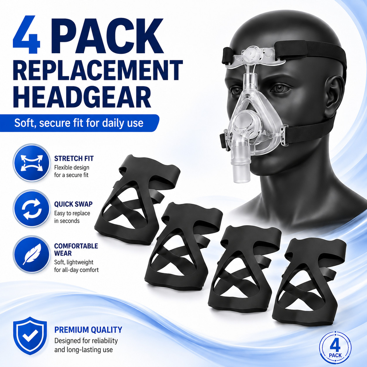 4 Pack CPAP Headgear Strap Replacement Soft Stretch Daily Backup Set
