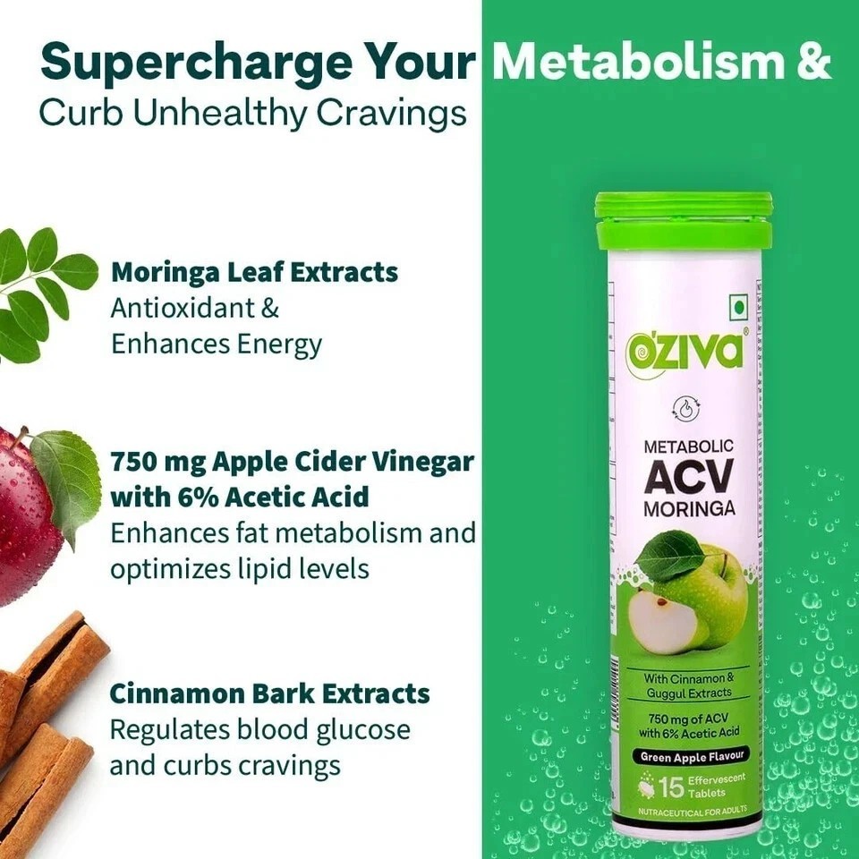 OZiva ACV Moringa 15 Effervescent Tablets -Green Apple , Pack of 4 (60 Tablets)