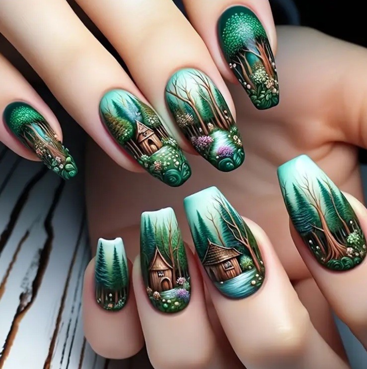 Camping 24 Pc Press On Nails Camp Life RV Outdoors Nature Cabin Campfire Green