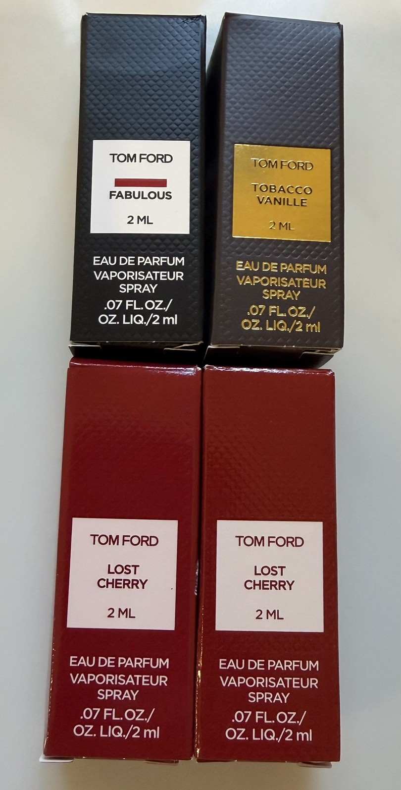 Tom Ford Lost Cherry-Fabulous -Tobacco Vanille- 4 pc Sample Set 2ml Fragrance
