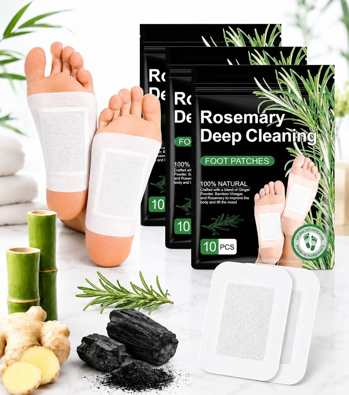 Rosemary Deep Cleaning Foot Patches Detox Natural Bamboo Vinegar 10ct (3 PACKS)