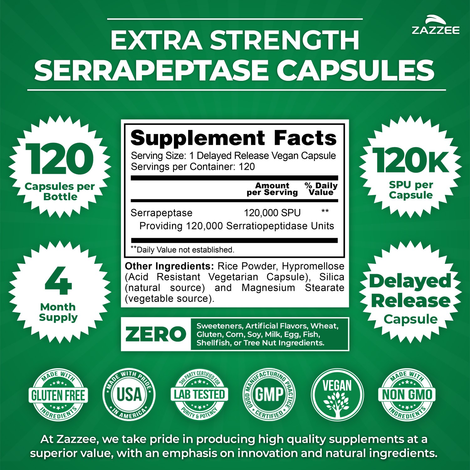 Extra Strength Serrapeptase 120,000 SPU, 120 Vegan Capsules, Delayed Release