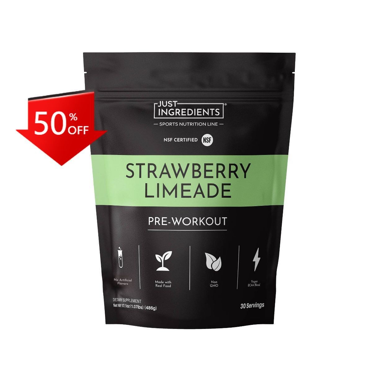 Just Ingredients Strawberry Limeade Pre-Workout Powder (NSF) – 30 Servings