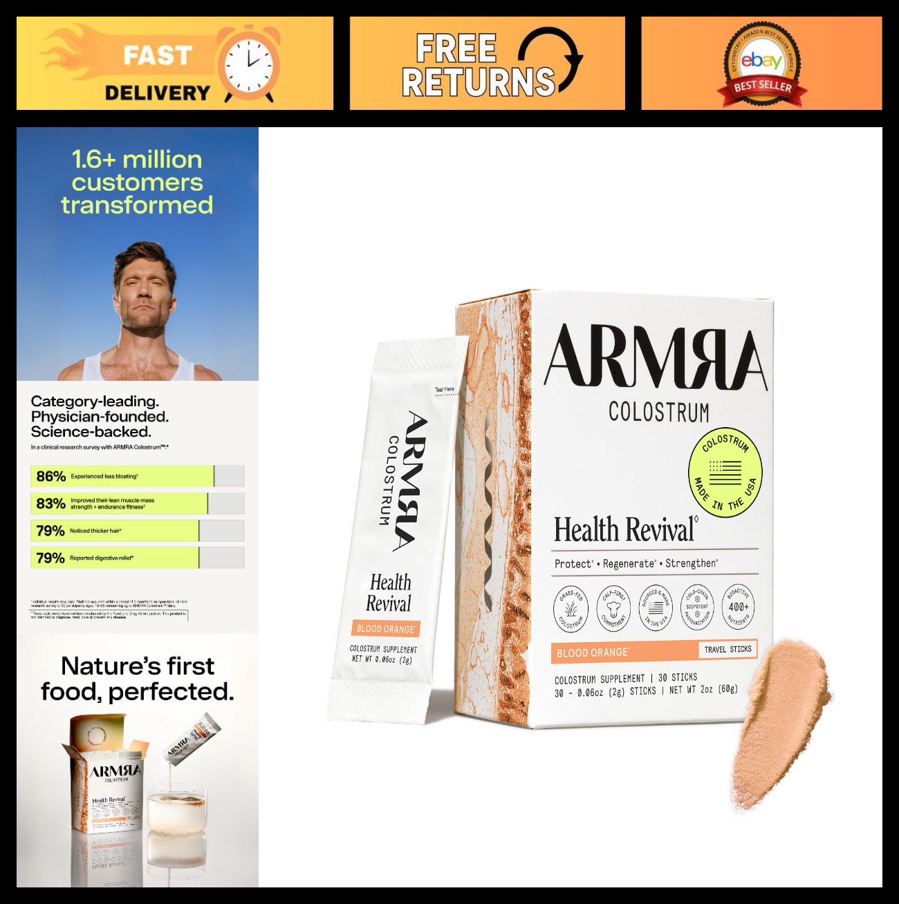 Colostrum Powder – Blood Orange Flavor | Gut Health, Immunity, Skin & Hair | 30