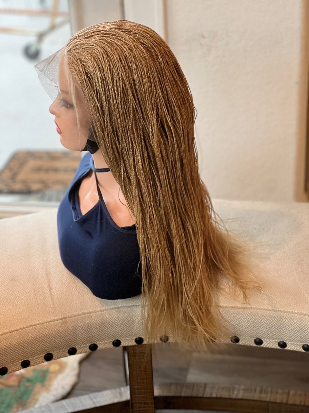 BRAIDED MICRO TWIST WIG . Made on a full lace wig.length is 26 Golden blonde.