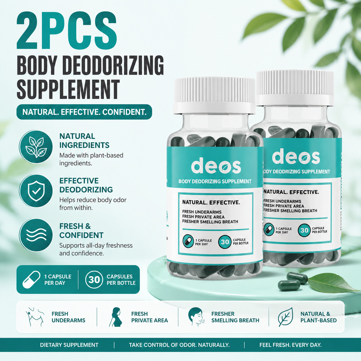 2 PACK DEOS Internal Deodorant Supplement for Full Body Odor Control, 30-Capsule