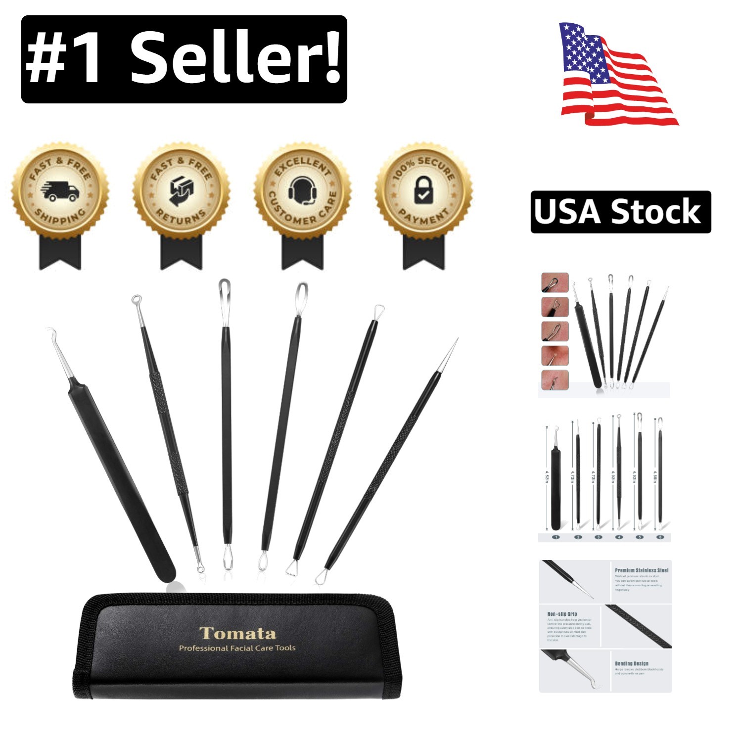 Complete Blackhead Removal Tool Set: 6 Stainless Steel Extractors in Travel Case