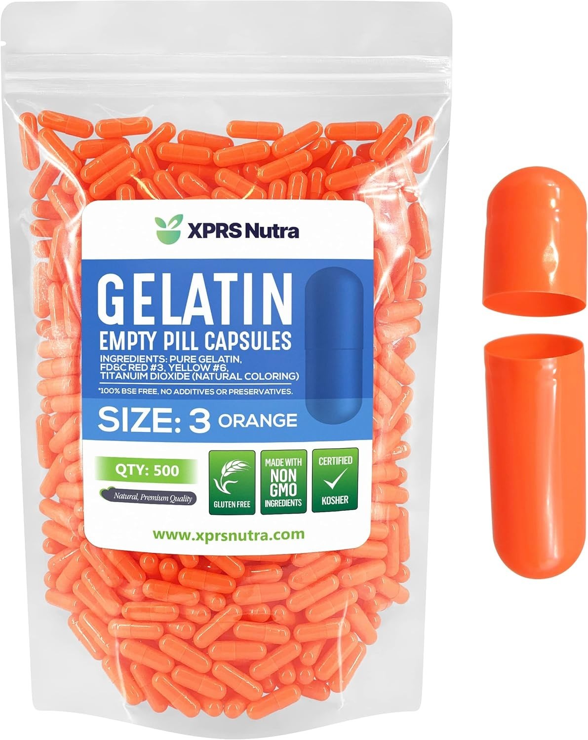 Size 3 Orange Empty Gelatin Pill Capsules Kosher Gel Caps Gluten-Free Gelcaps