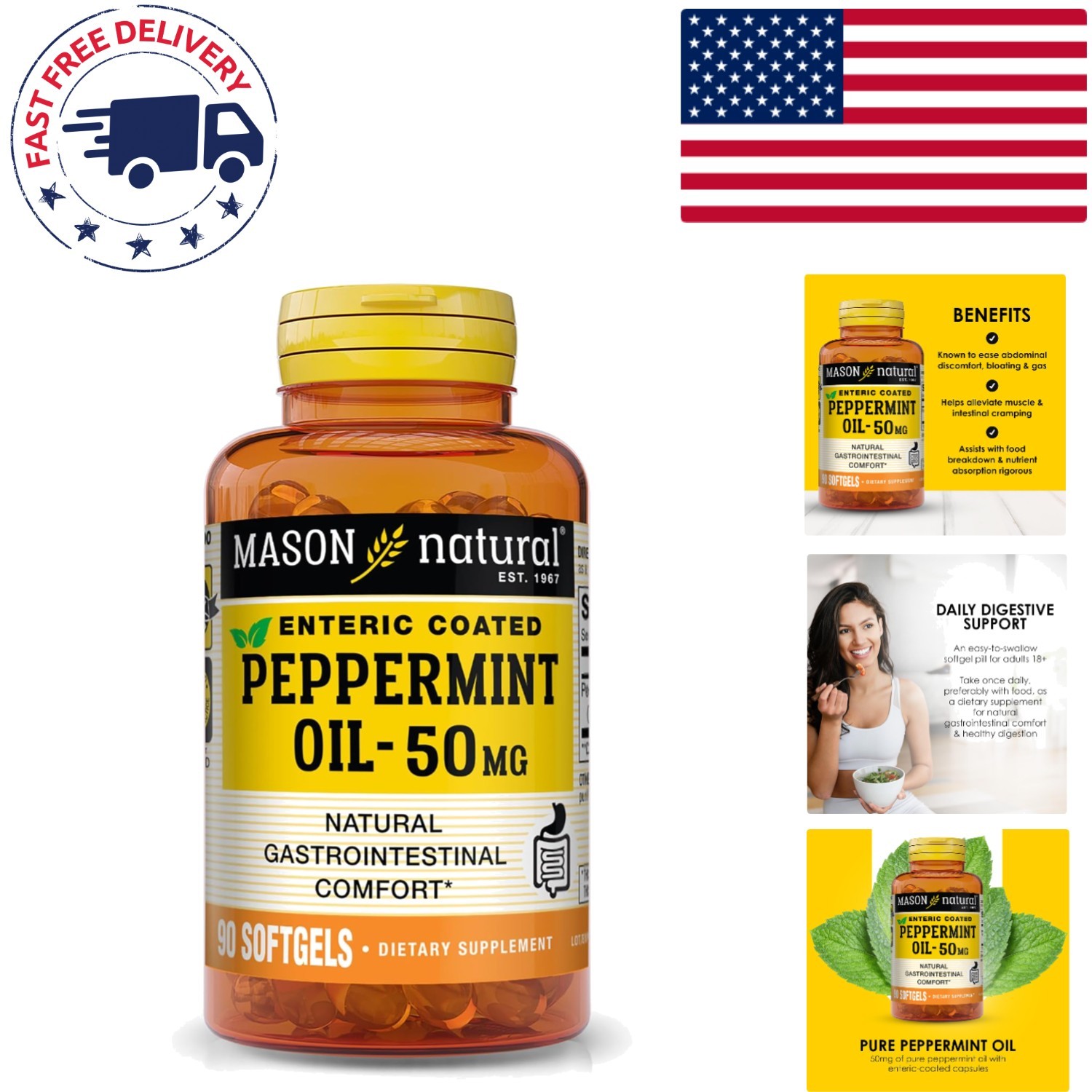 50mg Peppermint Oil Softgels | Daily Digestive Relief, 90 Count Bottled