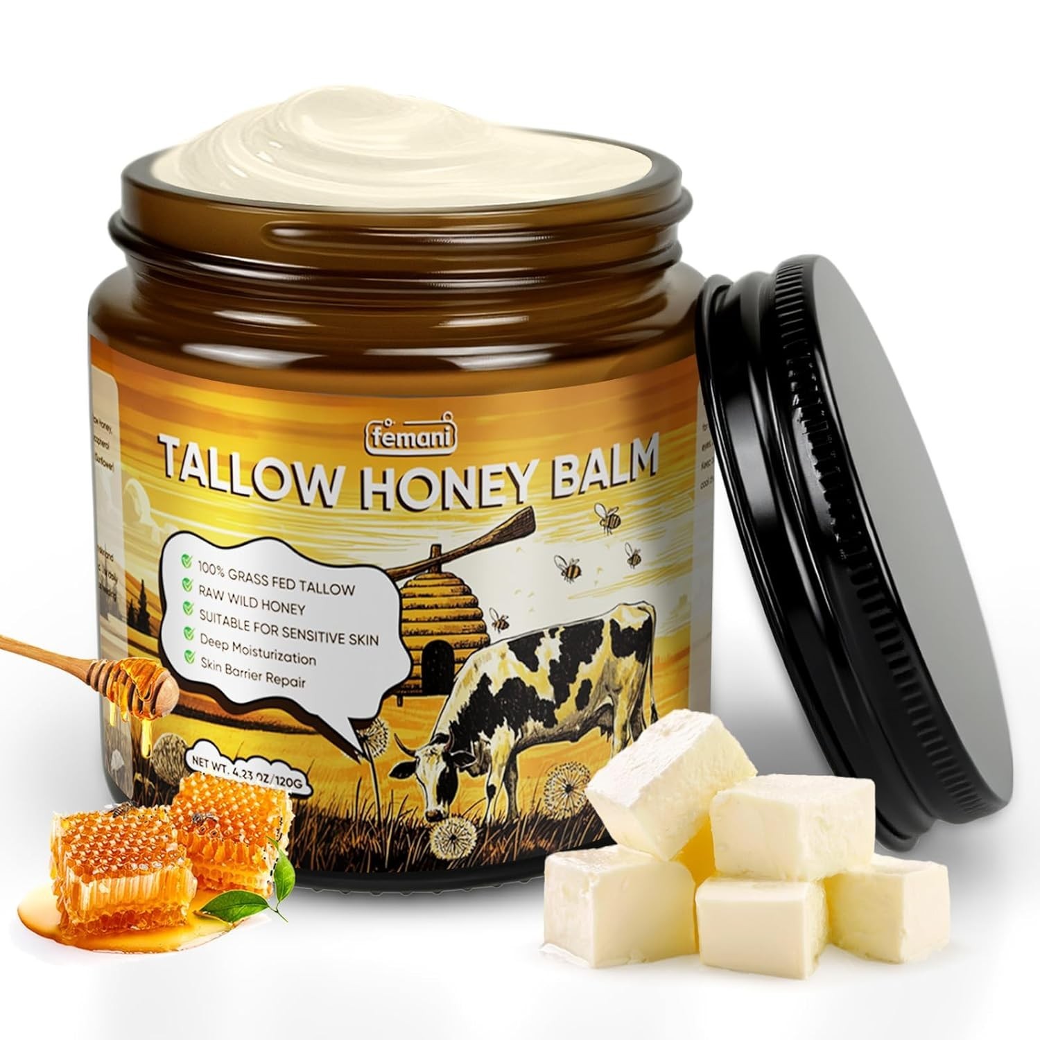 Beef Tallow Balm for Face Body Grass Fed Honey Moisturizer 4oz Organic