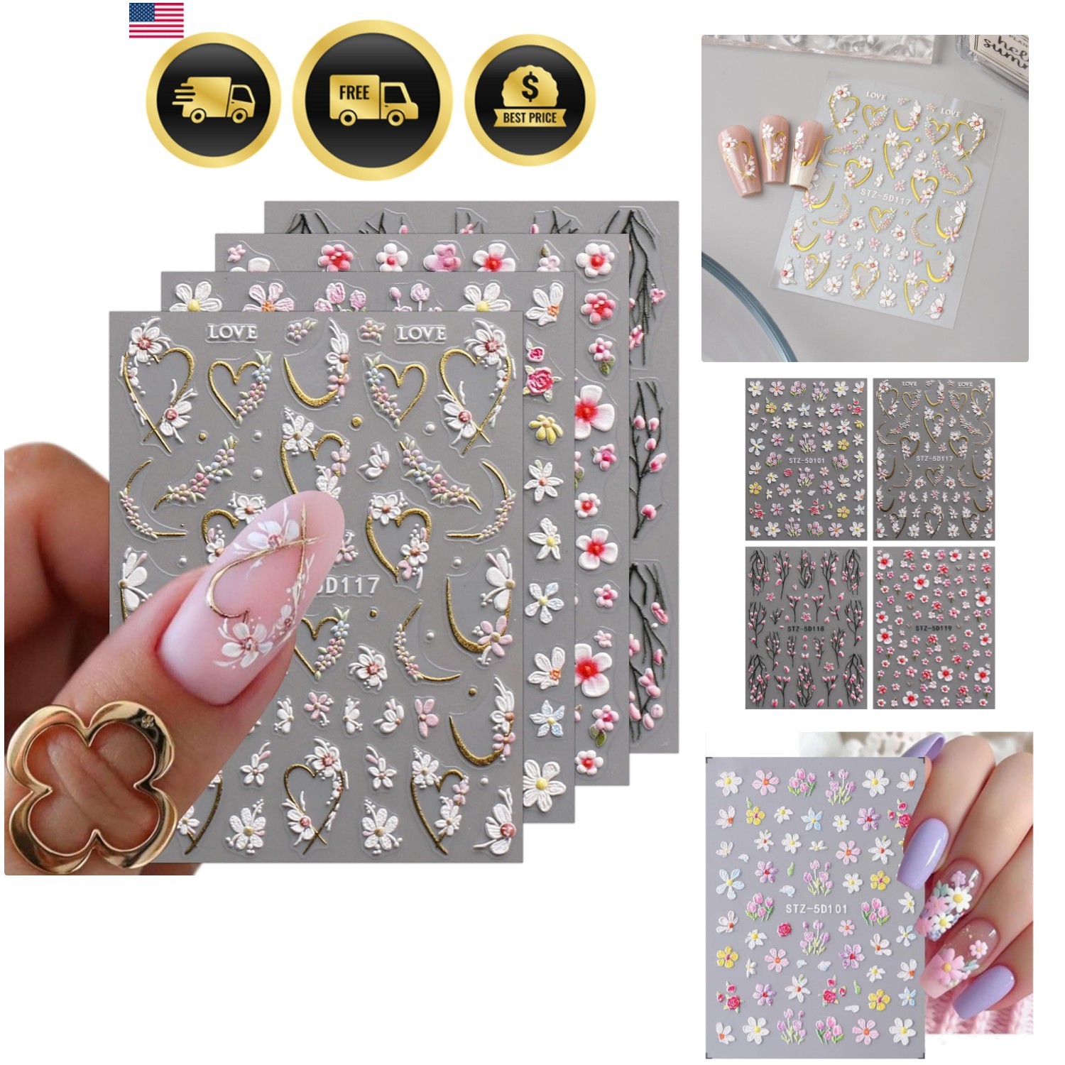 3D Embossed Flower Nail Art Stickers Decals Self-Adhesive 5D Spring Summer Fl…