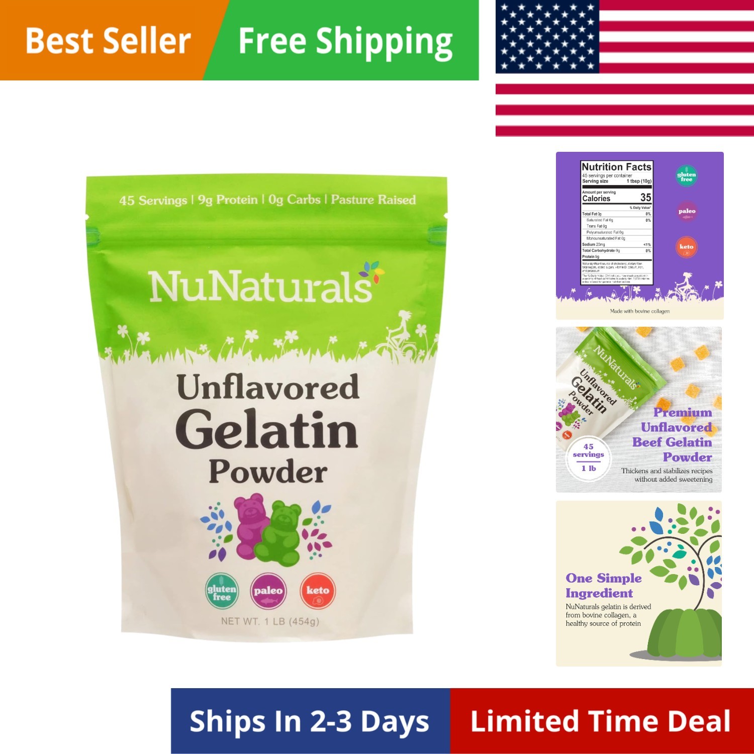 Nunaturals Unflavored Beef Gelatin Powder, Instantly Thickens, Stabilizes, and T