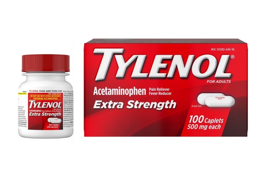 Tylenol Extra Strength 500mg Acetaminophen Caplets Value Size 100 Count.
