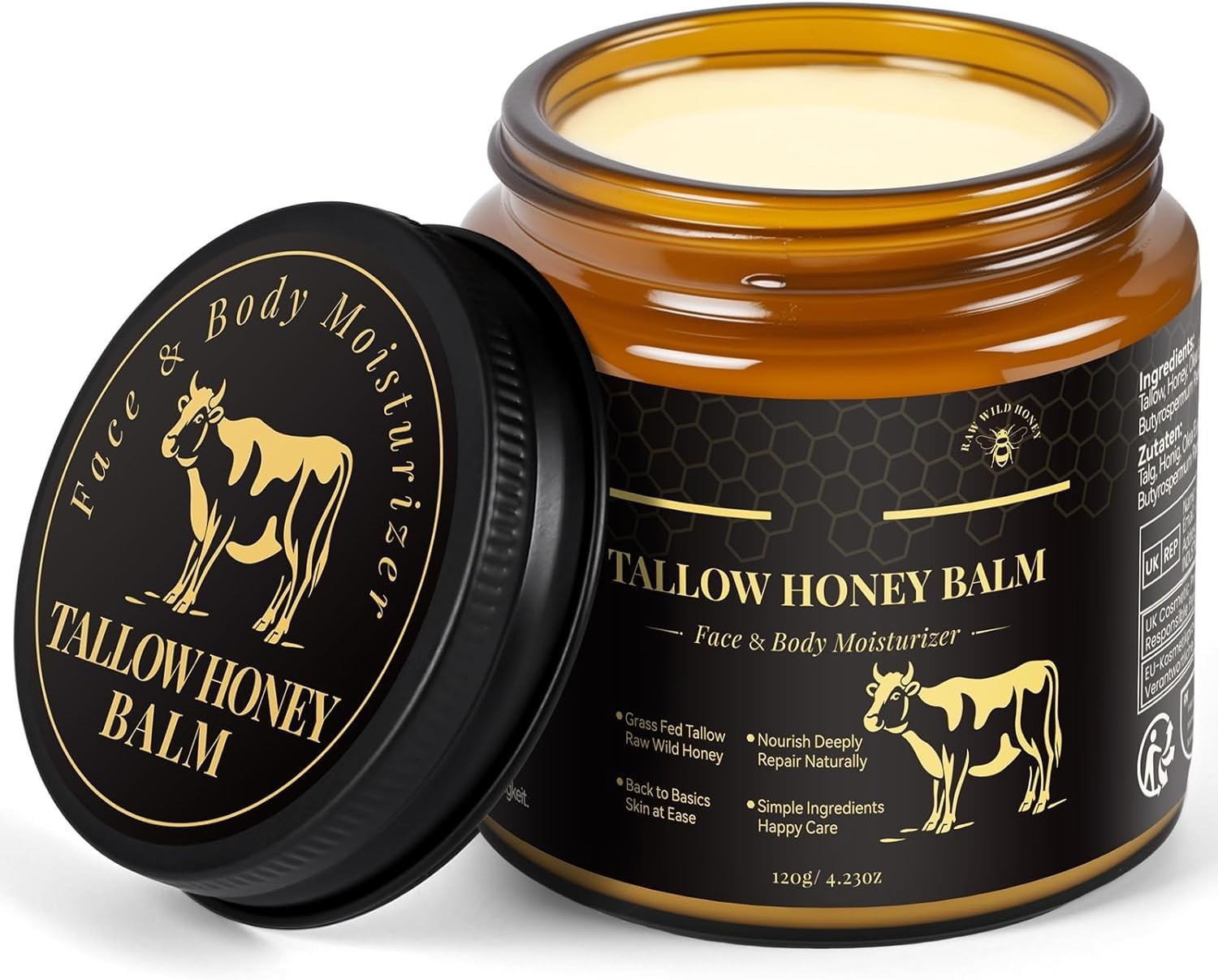 Beef Tallow for Skin, Tallow and Honey Balm for Face with Raw Wild Honey, Hydrat