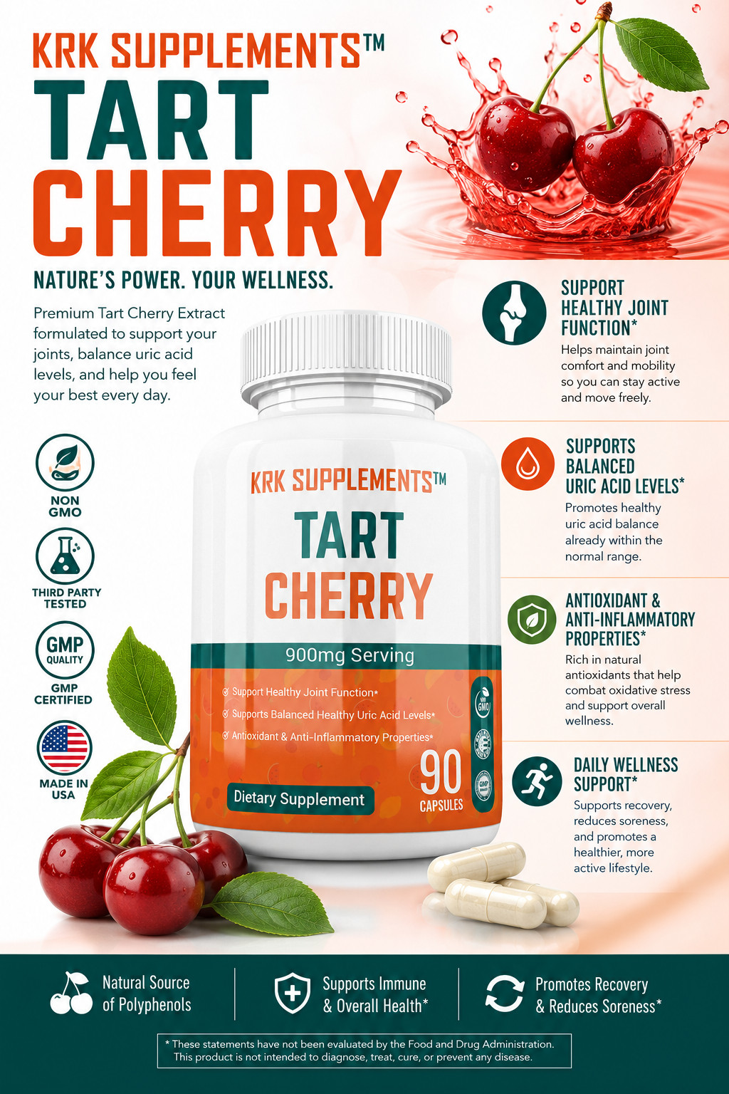 Tart Cherry Extract 900mg for Gout Joint Pain Arthritis Supplements Anthocyanins