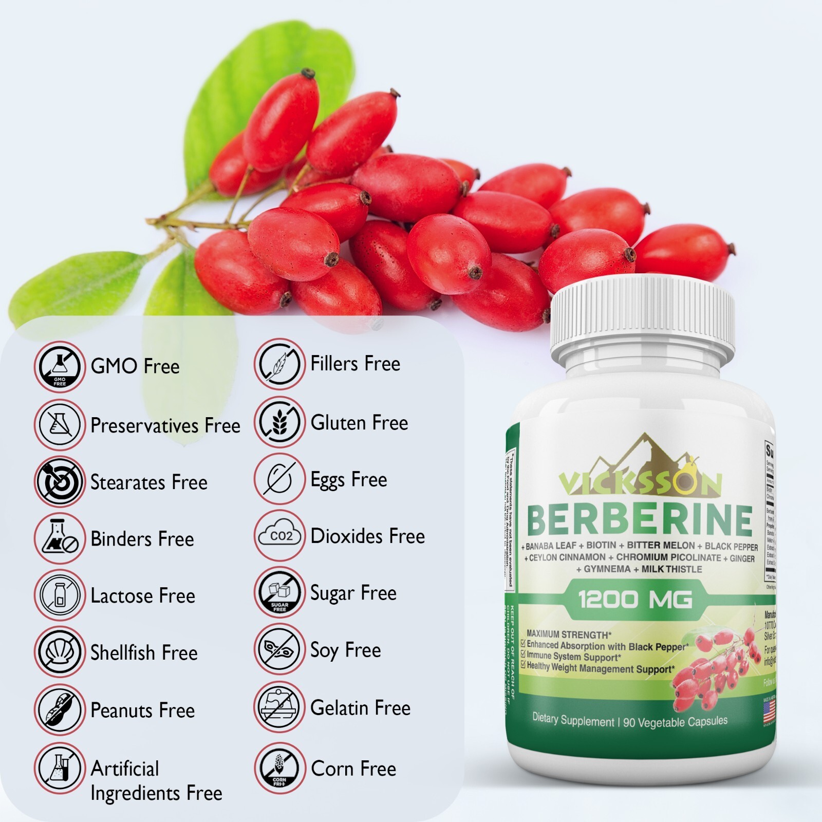 Vicksson Berberine Complex 1200mg Immune System, Weight Management 90Ct