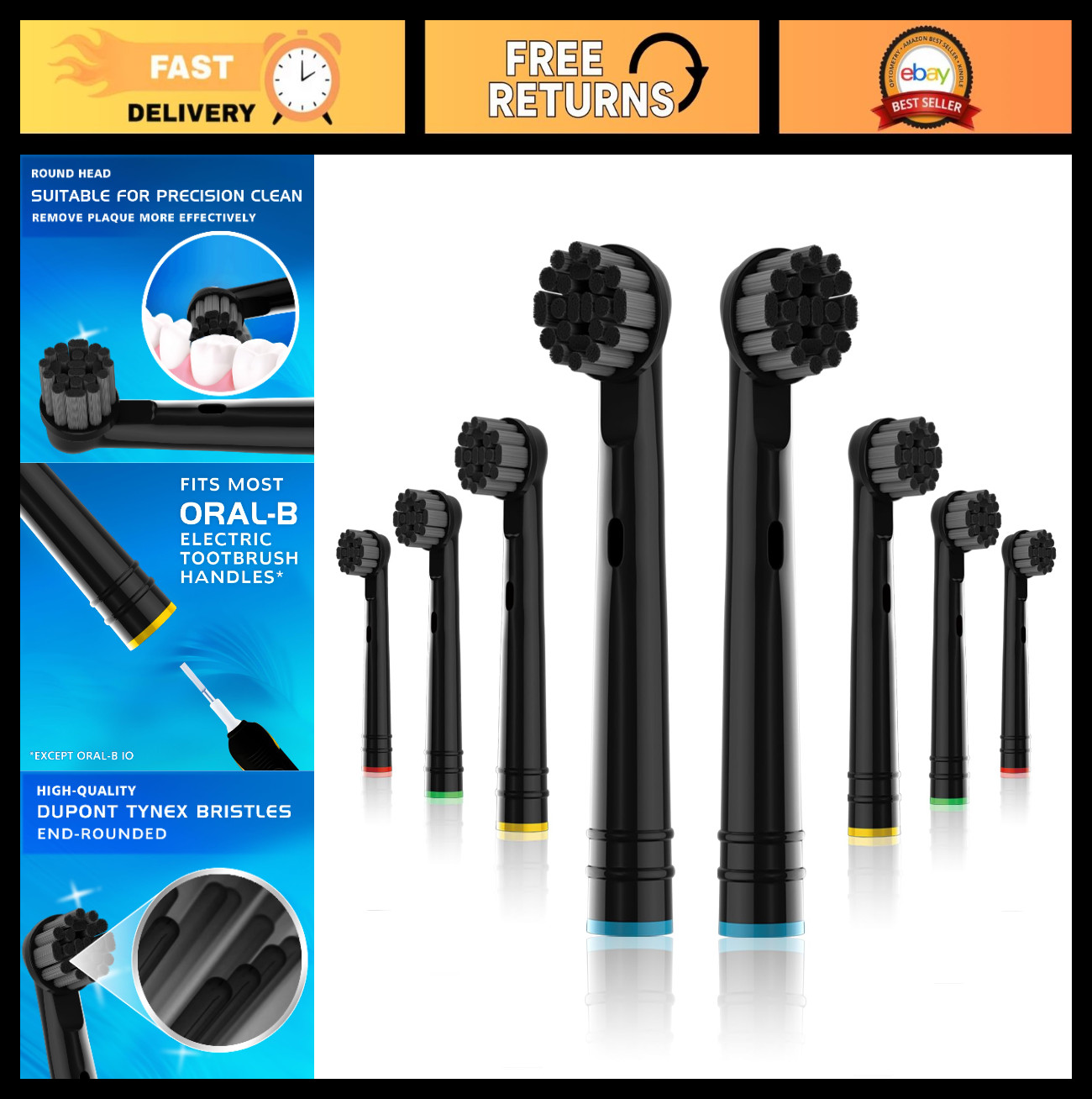 Bamboo Charcoal Toothbrush Heads 8PCS – Compatible with Oral B Electric Models,