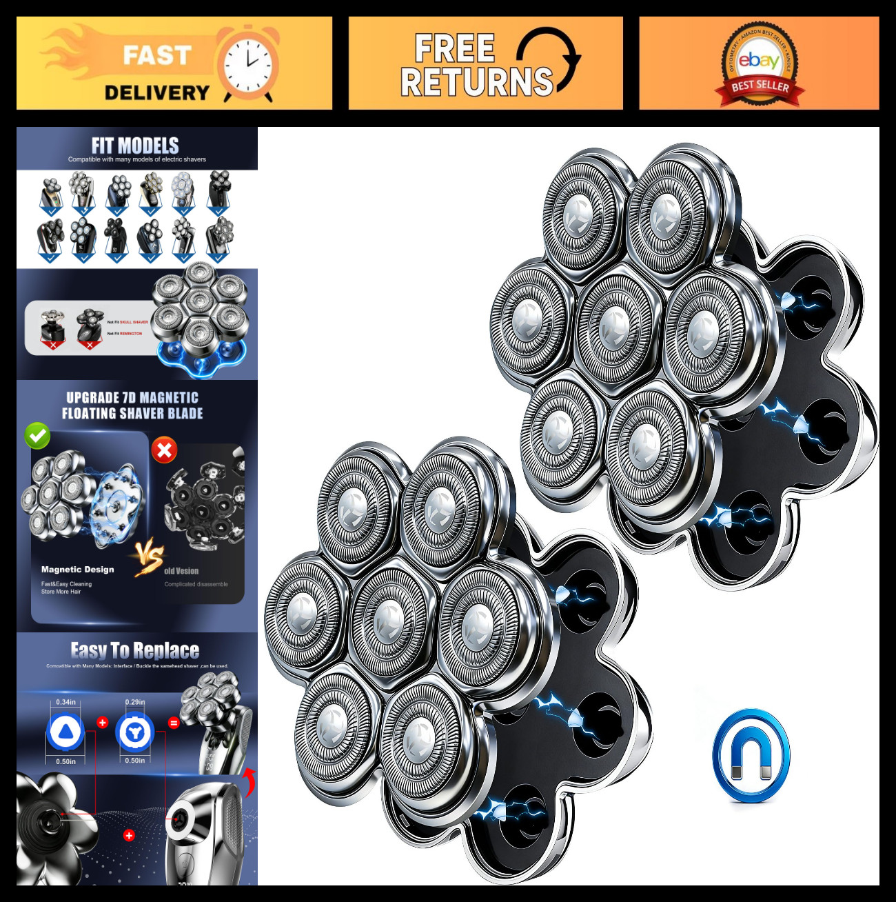 Universal 7D Magnetic Head Shaver Replacement Heads – 2 Pack for Bald Men, Silve
