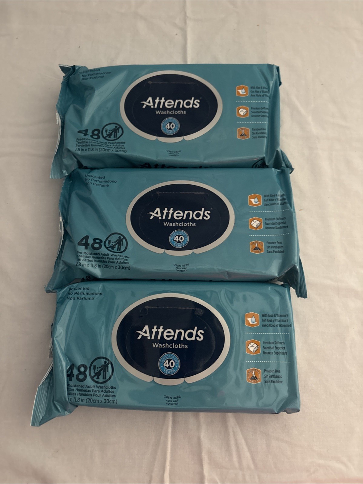 3 Packs Attends Scented Pre-Moistened Adult Washcloths 48 wipes per pack