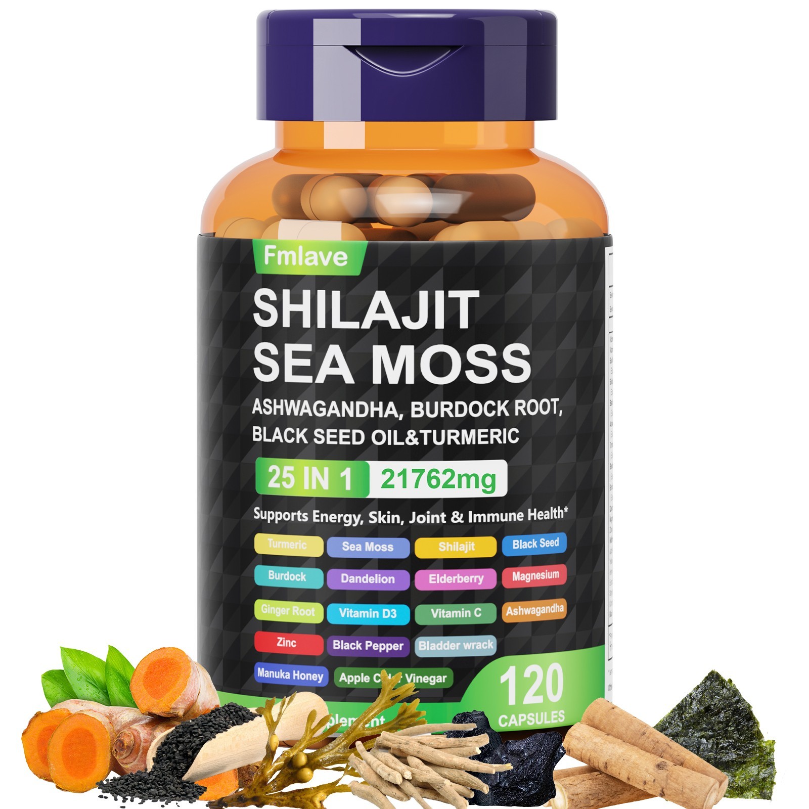 25-in-1 Sea Moss Black Seed Oil Ashwagandha Ginger Shilajit Supplements 120 caps