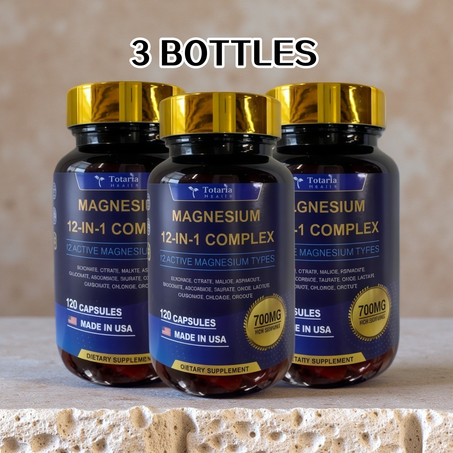 3 BOTTLES Totaria Magnesium 12in1 Complex 700mg-Glycinate Citrate Malate Taurate