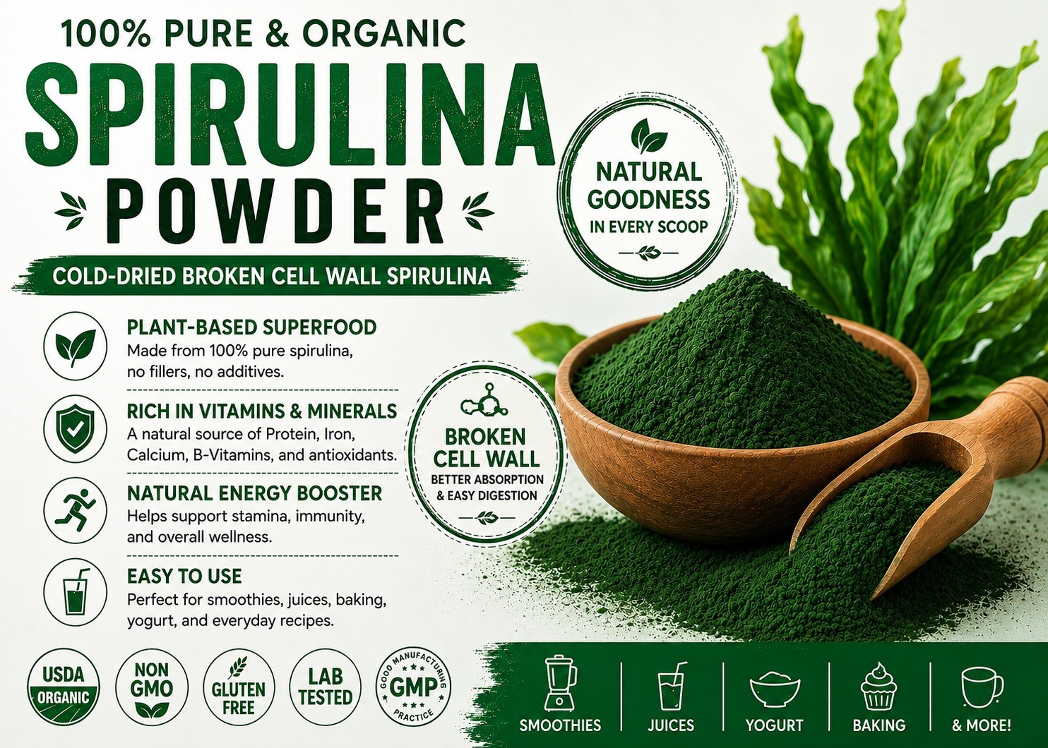 100% Pure Spirulina Powder 1000 g (2.2LB) GMO-Free, Kosher, Non-Irradiated