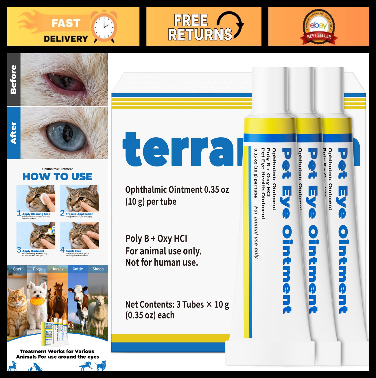 Daily Eye Care Formula for Pets – Cats, Dogs, Kittens, Puppies & More – 3 Tubes