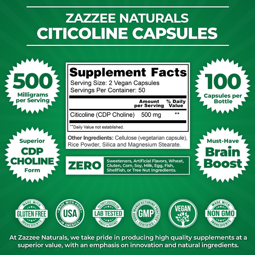 Extra Strength Citicoline CDP Choline 500 mg per Serving, 100 Vegan Capsules